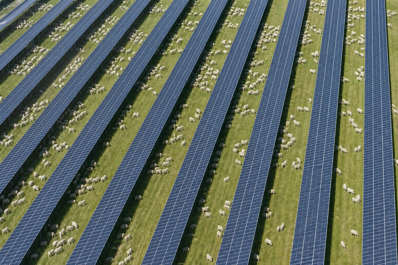 Aerial view of sheep grazing between rows of a solar farm